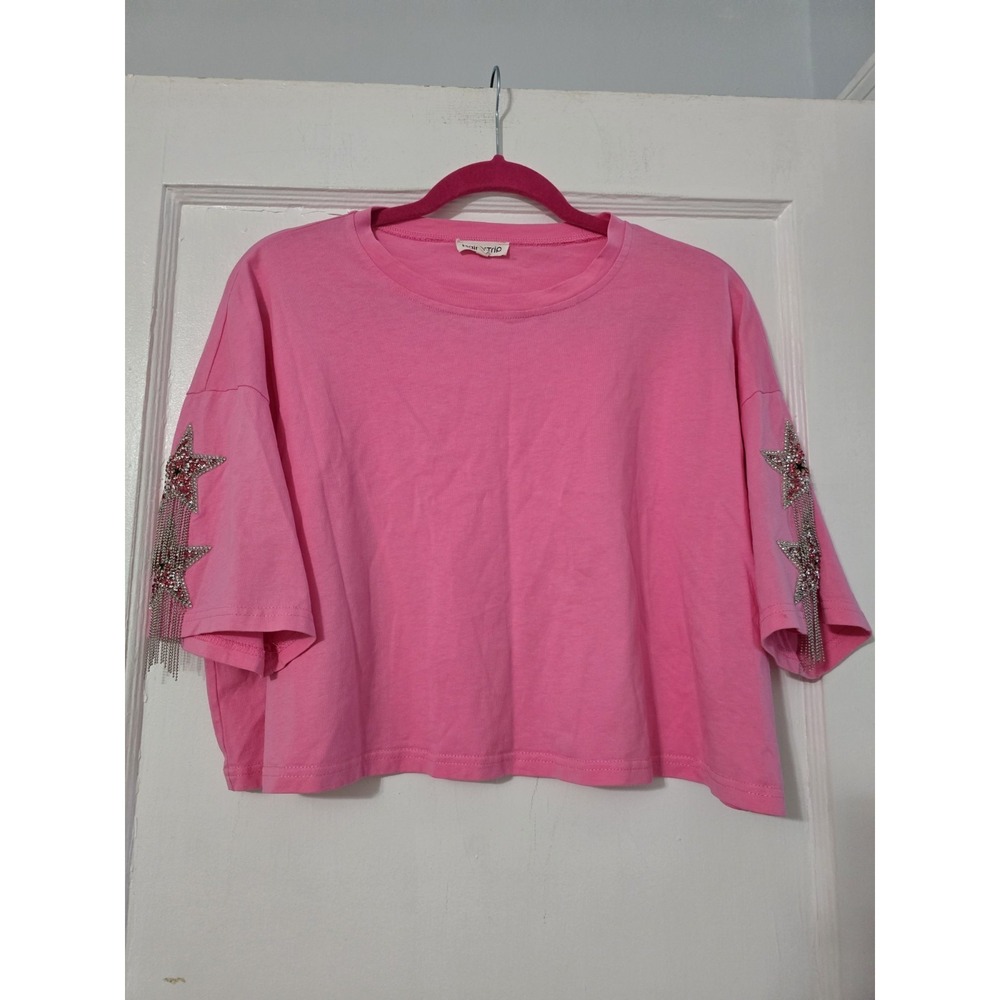 Main Strip Womens‎ Pink Crop Top Star Applique Fringe Size Small